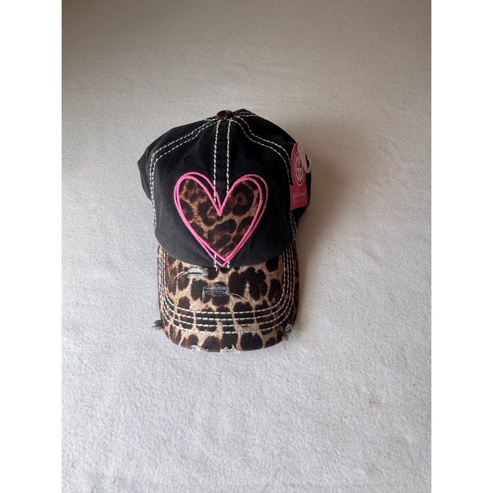 Love Girl Leopard Heart Distressed Baseball Cap Black Pink Animal Print Hat